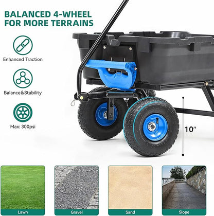 800lb Garden Dump Cart,Utility Wagon Wheelbarrows with Quick-Release System&4 Pneumatic Tires,Heavy Duty Yard Dump Wagon with Steel Frame for Yard, Farm, Garden and Holiday Hauling (Blue)