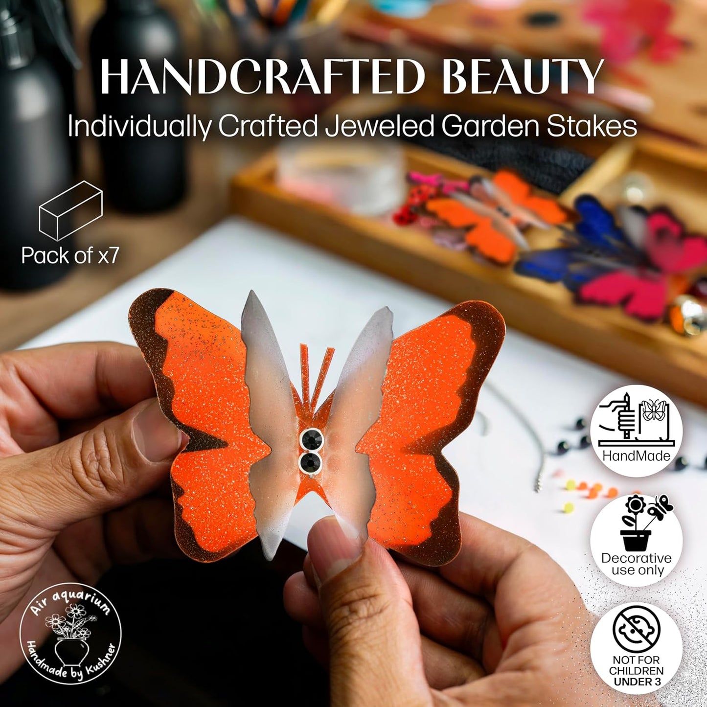 Handmade Butterfly Garden Stakes – Set of 7 Orange Decorative Butterflies Idea for Garden & Nature Lovers – Outdoor & Indoor Garden Decor – Air Aquarium Handmade by Kushner