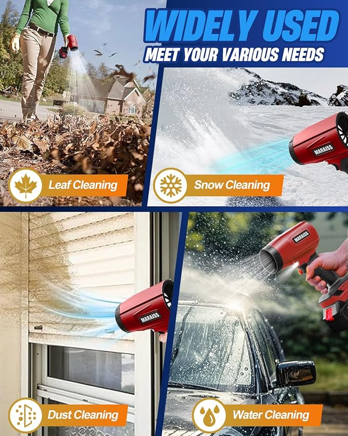 Cordless Leaf Blower with 2 X 4.0A 20000mAh Batteries Brushless Motor, Lightweight Low Decibel Turbo Jet Blower with Pro Earplugs for Patio Cleaning,Car Blowing Water, Blowing Leaves and Dust (Red)