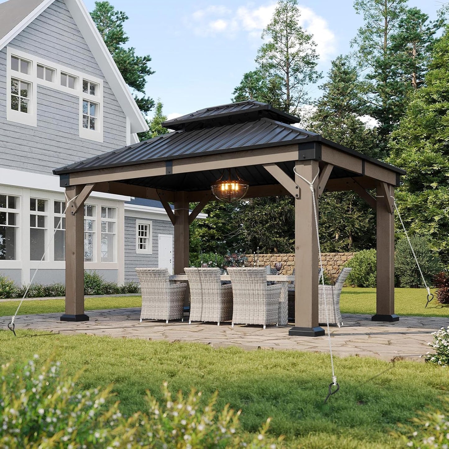 Aoxun 10' x 12' Outdoor Wood Gazebo, Hardtop Gazebo Permanent Wooden Pavilion with Galvanized Steel Double Roof, and 18'' Heavy Duty Ground Anchors, for Patio, Garden, Deck, Cedar Wood