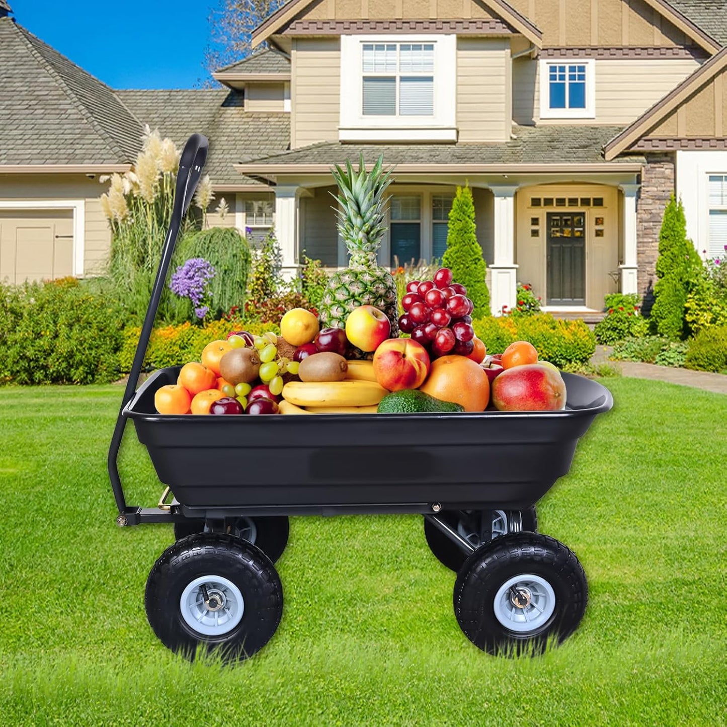 AAIN Heavy Duty Garden Cart with 10" Pneumatic Plastic Tires, 600LB Capacity, 180° Rotating Handle & Quick Release System, Black 4 Cu.Ft Poly Dump Wagon for Yard, Outdoor, Beach, Home