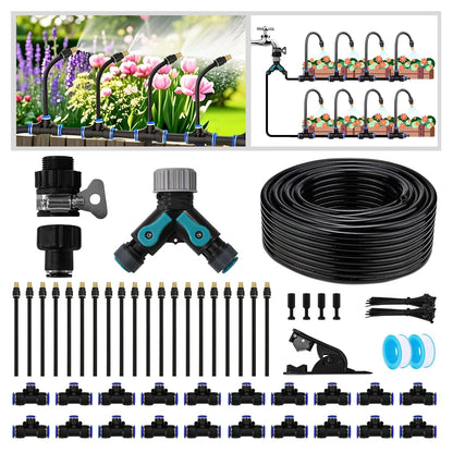 Drip Irrigation Kit - 100 FT. Hose Sprinkler System with 360° nozzles and T-connectors for Gardens, lawns, Plants, Flower beds, Trees, patios and hydroponics (Closeable nozzle-20)