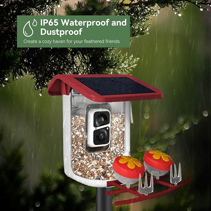 Smart Bird Feeder with Camera, Solar Bird Feeder - 2K HD Live Video Camera AI Identify Birds, Visible Window Auto Capture -Instant Arrival Alerts, Birds Lover Gifts (Red)