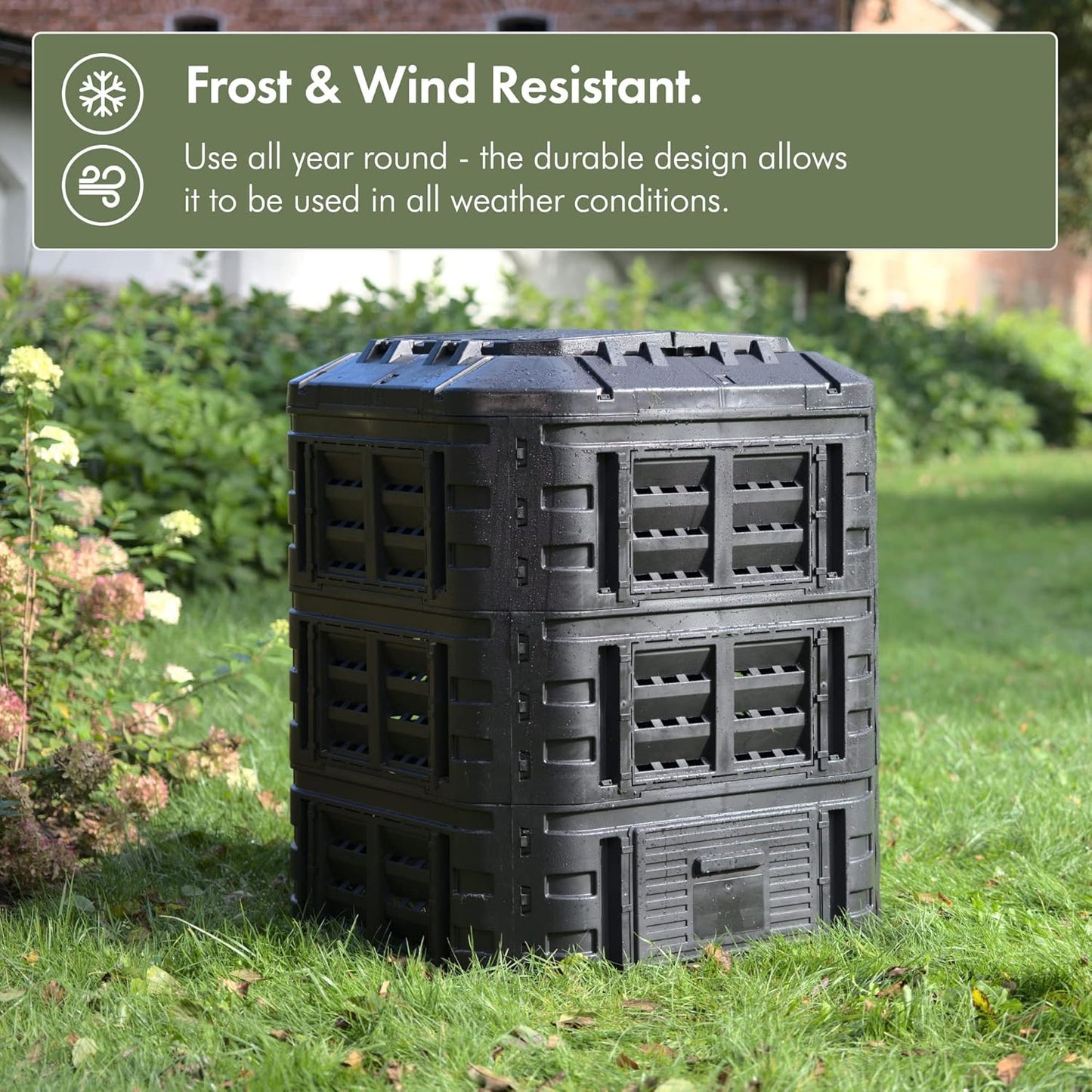 VonHaus Compost Bin for Garden 360L – Composter with Slatted Design for Aeration, Rainwater Collection, Side Flap & Lid – Outdoor Compost Converter – Frost & UV Resistant - Black