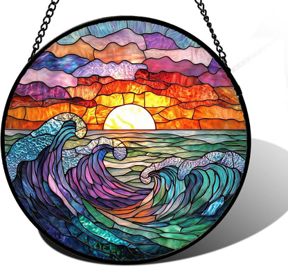 Stained Glass Window Hanging, Clouds and Sea Waves Suncatcher Diamond Glass Panel Hangings Scenery Sun Catchers Decor for Birthday for Women, Men, Wife, Aunt, and Mom 9.8 in