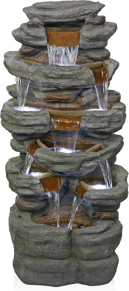 Alpine Corporation TZL352 Outdoor Floor Stone Tower Fountain with LED Lights, Multi-Level Garden Water Fountain, 47"H, Gray