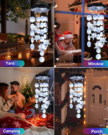 Toodour Solar Wind Chimes for Outside, Shells Light Gifts for Mom Grandma Women Wife Girls, Waterproof Solar Outdoor Decorative Mobile Light for Holiday Garden Porch Yard Window Outdoor Decor (White)