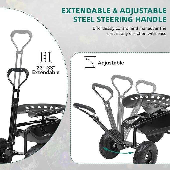 Rolling Garden Cart with 360° Swivel Work Seat, Adjustable Height, 10" Pneumatic Tires, Tool Tray & Storage Basket, Extendable Handle, Reduces Back & Spine Strain