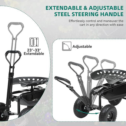 Rolling Garden Cart with 360° Swivel Work Seat, Adjustable Height, 10" Pneumatic Tires, Tool Tray & Storage Basket, Extendable Handle, Reduces Back & Spine Strain
