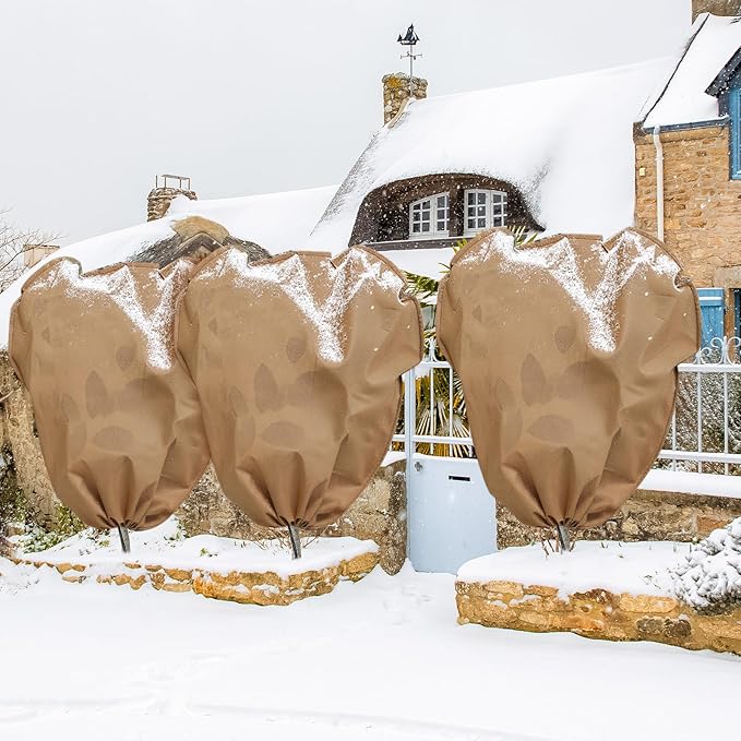 4 Pcs Winter Plant Covers Freeze Protection Reusable Plant Protector Bag with Drawstring Warm Shrubs Cover Frost Protection Planting Jacket Bags for Outdoor Garden, Brown (63 x 70.9 Inch)