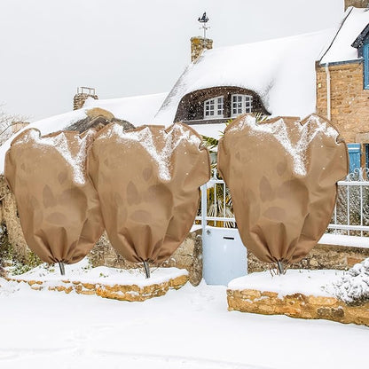 4 Pcs Winter Plant Covers Freeze Protection Reusable Plant Protector Bag with Drawstring Warm Shrubs Cover Frost Protection Planting Jacket Bags for Outdoor Garden, Brown (90.6 x 74.8 Inch)