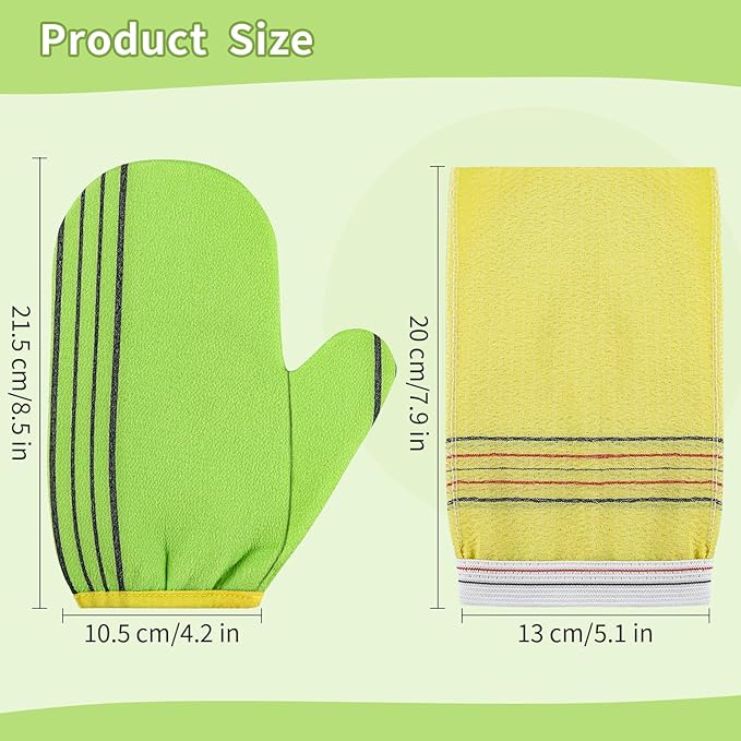 Korean Exfoliating Mitt & Glove Set, 4-Pack Exfoliating Bath Towels and 2-Pack Bath Gloves in Green & Yellow for Deep Dead Skin Removal, Smooth Skin and Spa-Like Experience,