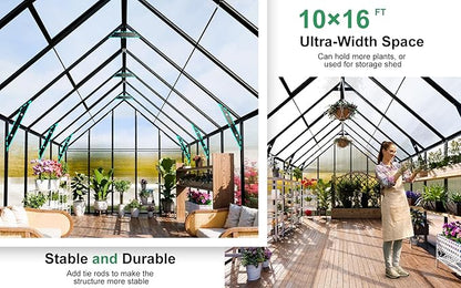 CDCASA 16.5x10.2x10 FT Greenhouse for Outdoors,Easy Assembly Large Polycarbonate Greenhouse Aluminum Greenhouses w/3 Vents Window, Swing Door, Outside Walk-in Green House for Patio, Backyard, Garden