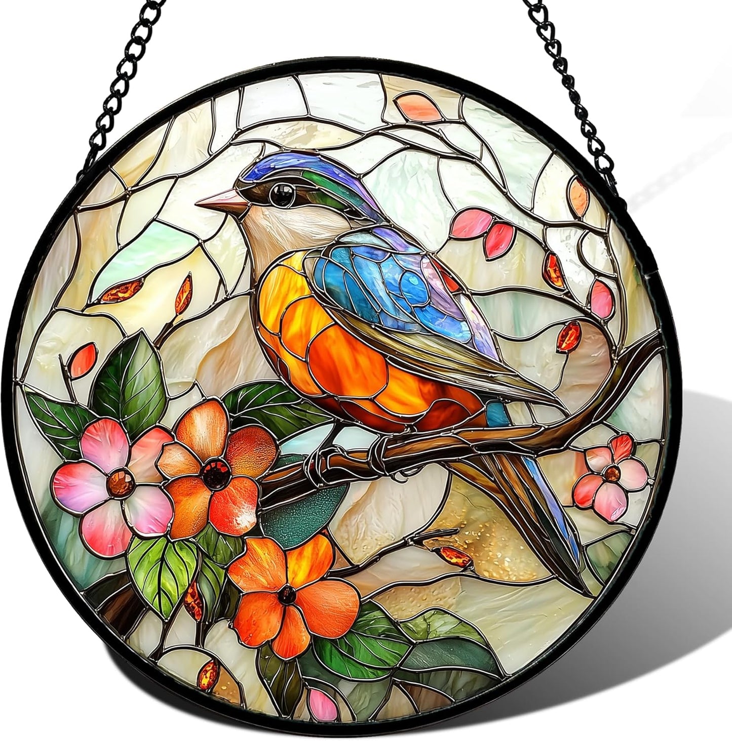 Stained Glass Window Hanging, Blue Bird Pink Flower Suncatcher Diamond Glass Panel Bird Sun Catchers Decor for Birthday for Women, Men, Wife, Aunt, and Mom 14.9x14.9 in