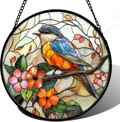 Stained Glass Window Hanging, Blue Bird Pink Flower Suncatcher Diamond Glass Panel Bird Sun Catchers Decor for Birthday for Women, Men, Wife, Aunt, and Mom 14.9x14.9 in