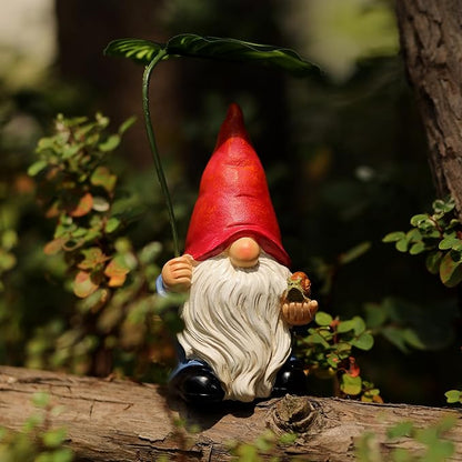 Garden Gnome Statue Decoration with Leaf Umbrella, 6.5” Figurine Ornament for Indoor Outdoor Home Patio Yard Lawn, for Gnome Lovers & Garden Enthusiasts，Mom，Women