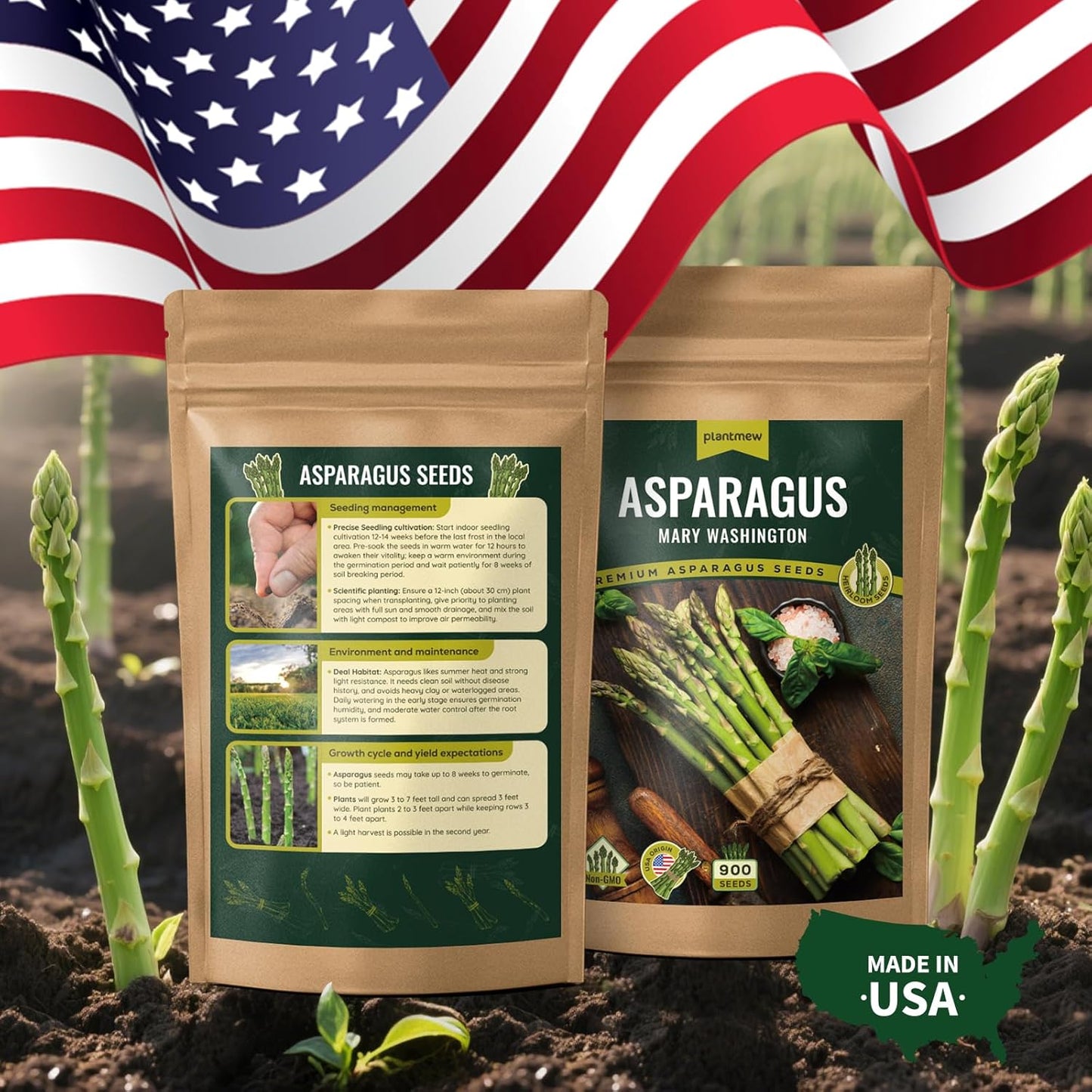 Mary Washington Asparagus Seeds - 900 Seeds, Non-GMO Heirloom Organic Seeds with Planting Instructions for Outdoor Home Gardens