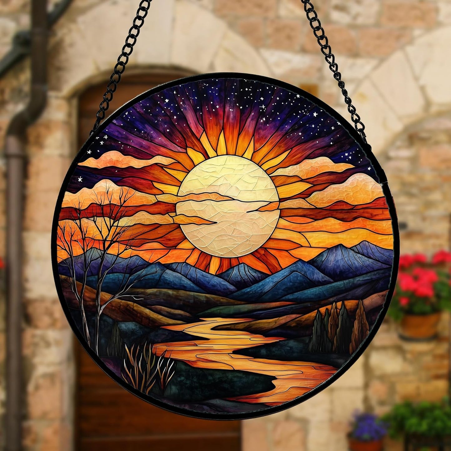 Stained Glass Window Hanging, The Sun Shines Brightly on Lake Sun Catchers Colorful Glass Panel Suncatcher Decor for Birthday for Women, Men, Wife, Lovers, and Mom 7.8 in