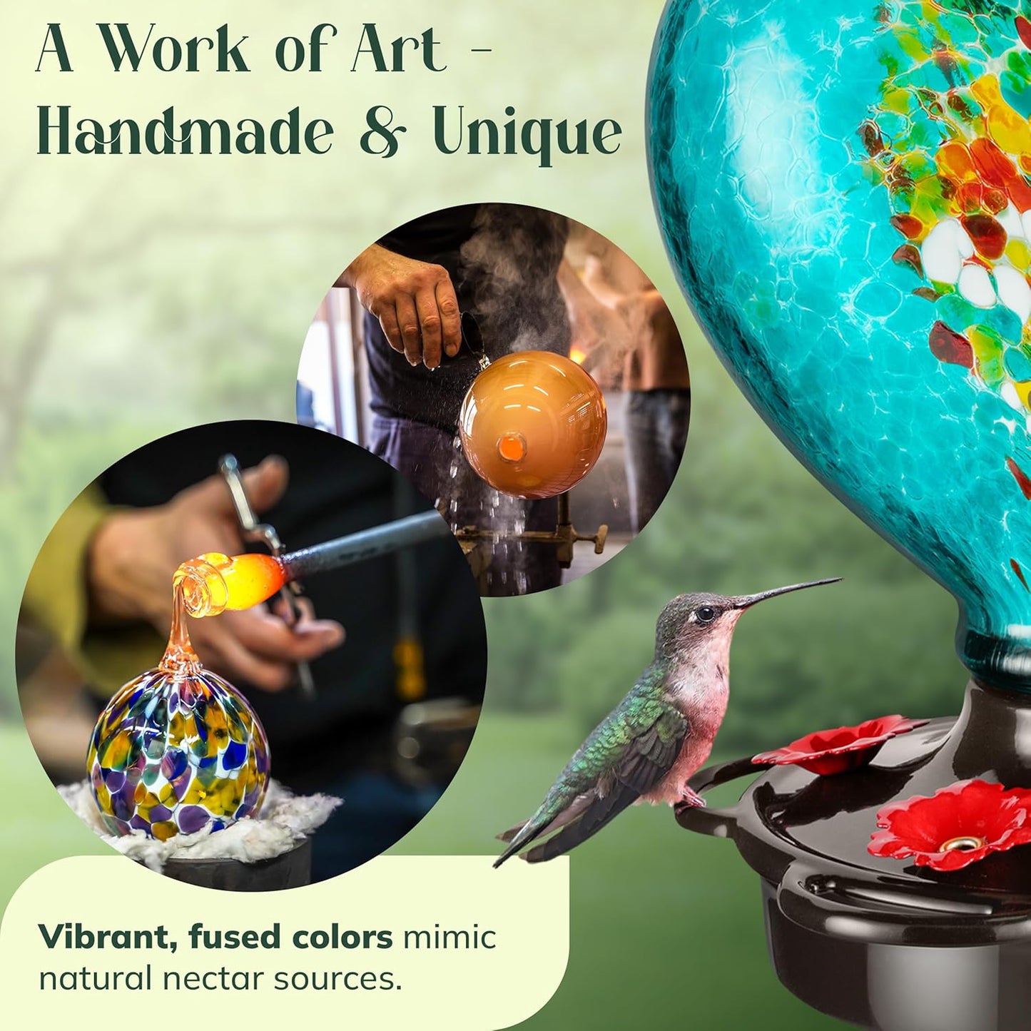 Hand Blown Glass Hummingbird Feeder for Outdoors All Season Use - 28 Fl. Oz. Leak Proof Hummingbird Feeder with Rust Proof Base - Includes Ant Moat, Ant & Bee Proof (Teal)