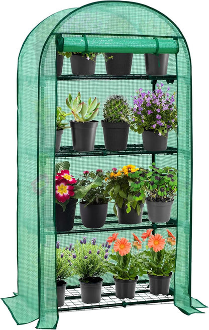 EAGLE PEAK 4-Tier Mini Greenhouse Portable Green House with Shelves & Weather-Resistant PE Cover, Small Greenhouse for Seedlings & Gardening Gifts, 32x18x63 in, Clear/Green