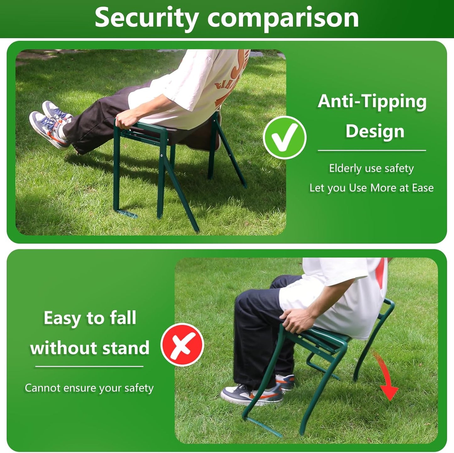 Heavy Duty Garden Kneeler and Seat for Elderly, 400lbs Capacity Foldable Gardening Stool with Support Legs & Thick Pad, Includes Large Tool Organizer Bag, Green