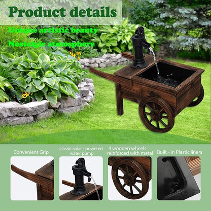 Carbonized Wood Outdoor Freestanding Fountain - Movable Vintage Hand Pump Cart, Plug-in Water Pump Electric Decorative Water Feature for Patio, Garden & Indoor Decoration