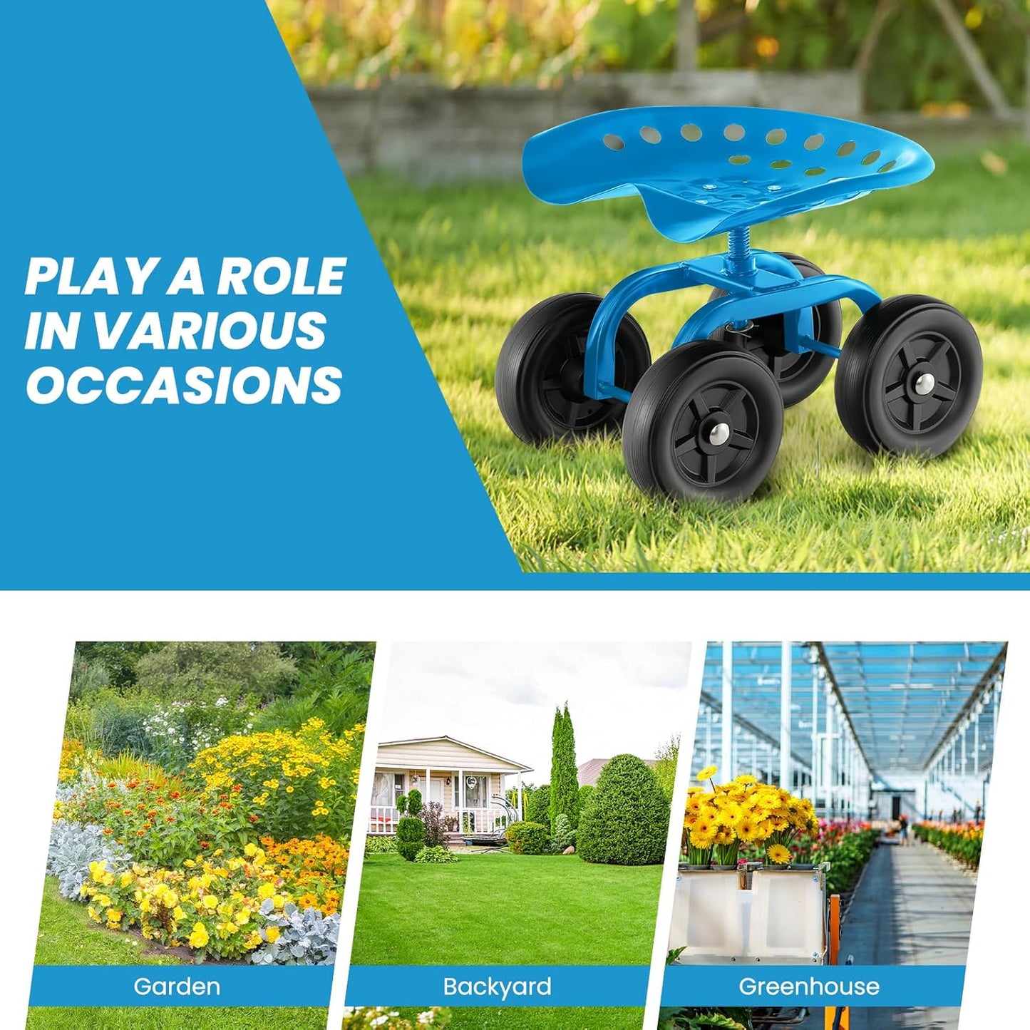 LDAILY Garden Seat with Wheels, Heavy-Duty Utility Stool Cart with Adjustable 11"-16" Height & 360° Rotatable, Rolling Garden Cart with Seat for Lawn Planting, Yard Work, Patio Gardening (Blue)