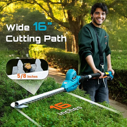 SEESII Pole Hedge Trimmer Cordless: Electric Bush Trimmer Tool for Yard - 16" Dual-Action Blade, Detachable Telescoping Pole, Dual 4.0Ah Battery, Powerful Branches Cutter for Tree & Shrubs Pruning