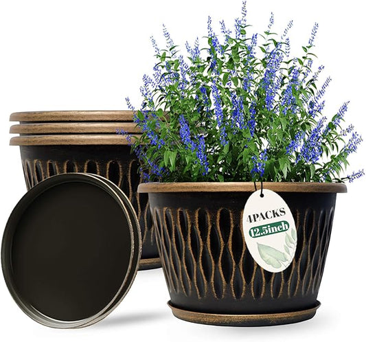 4 Pack 12 Inch Retro Plant Pots, Vintage Striped Flower Pots with Drainage Hole & Saucer, Large Plastic Planters for Indoor and Outdoor Plants, Decorative Garden Pots(Gold)