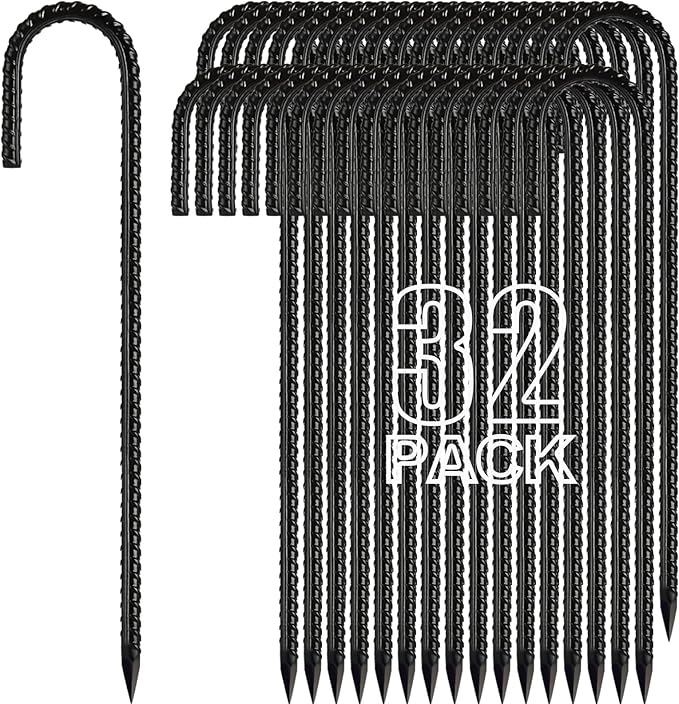 Kadrick 32-Pack Rebar Stakes 12 inch，J Hook Ground Stakes Anchors, Black Galvanized Fence Stakes,Heavy Duty 5/16'' Diameter
