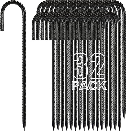 Kadrick 32-Pack Rebar Stakes 12 inch，J Hook Ground Stakes Anchors, Black Galvanized Fence Stakes,Heavy Duty 5/16'' Diameter