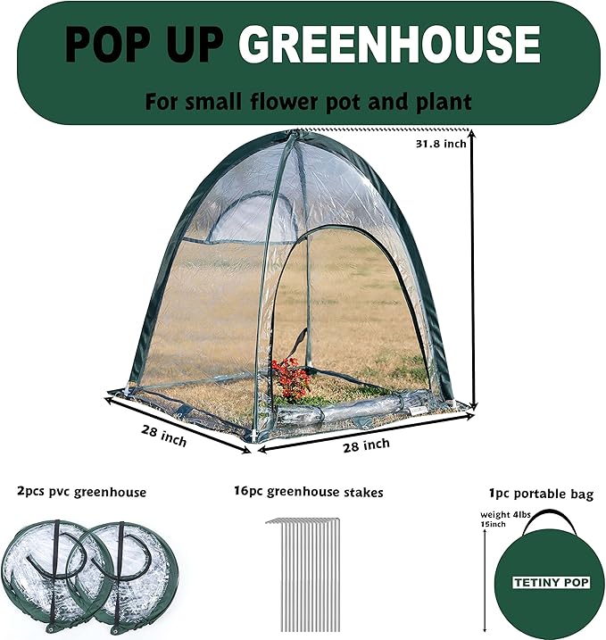 2pcs Quick Set up Mini Greenhouse Portable Small PVC Cover for Garden Flower and Flowerpot Cold Frost Protector Portable Carry Bag with 8 Stakes (PVC (28" L x 28" W x 32" H))