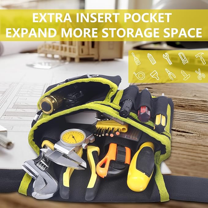 Tool Belt With Suspenders, 24 Pockets Tool Bag with Magnetic Wristband, Detachable Tool Pouch Bag, Adjustable Waists for Men Electrician Carpenter Construction (Yellow)