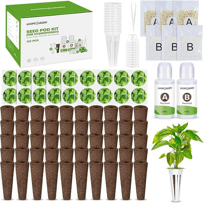 Ahopegarden 132pcs Hydroponic Pods Kit: Compatible with AeroGarden Herb Kits with 50 Grow Sponges, 50 Pods Lable, 12 Grow Baskets and Dome, 8 A&B Plant Food, Indoor Garden Kit Supplies for Most Brands