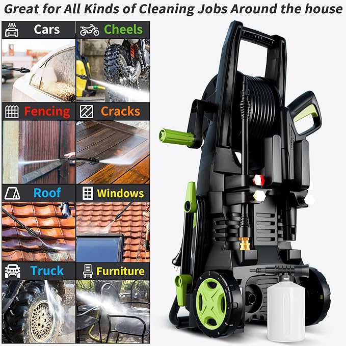 2025New Pressure Power Washer 4500PSI with 4 Quick Connect Nozzles,Inlet Hose & Filter, Foam Cannon for Cars/Fences/Driveways/Patios/Home Cleaning(Green)