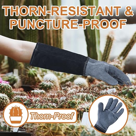 HLDD HANDLADNY Long Gardening Gloves, Cowhide Leather, Thorn Proof & Breathable for Rose Pruning & Yard Work (Men & Women)