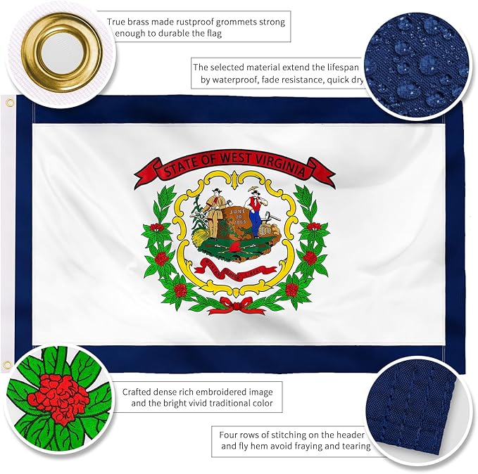 XIFAN Premium West Virginia State Flag 3x5 ft Outdoor, Double Sided Embroidered Pattern, Heavy Duty 210D Nylon WV Flags, the Strongest Longest Lasting for Outside with Sewn Stripes/Brass Grommets