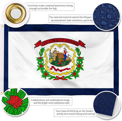 XIFAN Premium West Virginia State Flag 3x5 ft Outdoor, Double Sided Embroidered Pattern, Heavy Duty 210D Nylon WV Flags, the Strongest Longest Lasting for Outside with Sewn Stripes/Brass Grommets