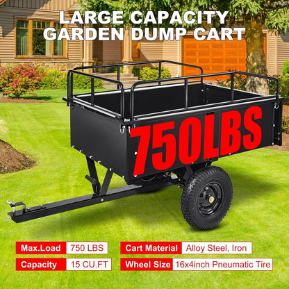 Heavy Duty Steel Dump Cart & Utility Trailer 750LB Capacity ATV/Lawn Tractor Hauler with Dual Dumping Modes (Manual/Foot Pedal), All-Terrain Tires & Dual Bearings for Garden, Farm, Firewood