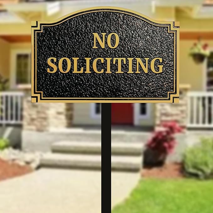 No Soliciting Statement Plaque, Solid Metal Cast Yard Sign, Thick and Sturdy Material, Embossed Letters, 11.5” x 7.5" Heavy Duty Sign with 31.5" Stakes and Upgraded Stainless Screws