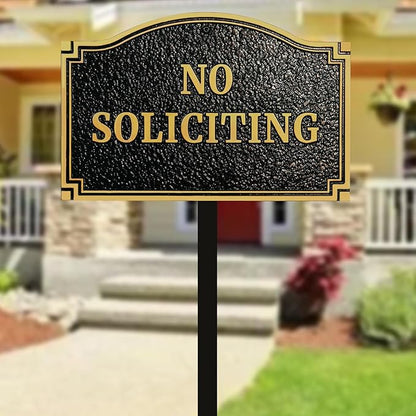No Soliciting Statement Plaque, Solid Metal Cast Yard Sign, Thick and Sturdy Material, Embossed Letters, 11.5” x 7.5" Heavy Duty Sign with 31.5" Stakes and Upgraded Stainless Screws