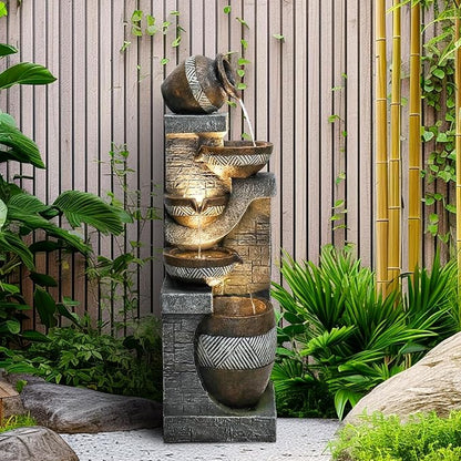 SunJet 5-Tiers Indoor/Outdoor Garden Water Fountain - 42.5inches Modern Floor-Standing Cascading Water Feature - Suitable for Deck, Patio, Porch, Yard Decor