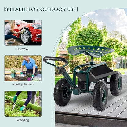 Garden Cart with Seat Outdoor Gardening Carts Heavy Duty Rolling Garden Stools Scooter with Handle and Storage for Seniors, Green