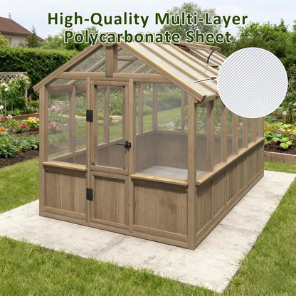 Greenhouse for Outdoor, 6x8ft-8x12ft Wooden WAK-in Greenhouse Kitwith 6MM Thick Polycarbonate Panel, Lockable Door & Adjustable Roof Vent ，Backyard Garden ﻿ (Light Mocha Brown, 6*12FT)