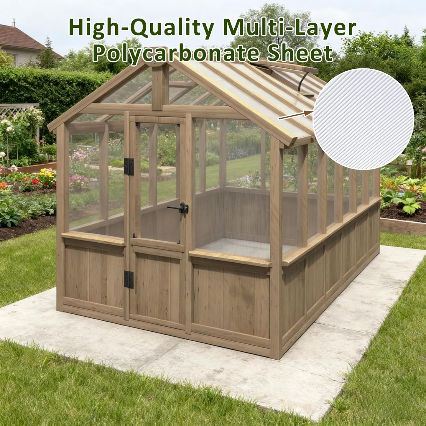 Greenhouse for Outdoor, 6x8ft-8x12ft Wooden WAK-in Greenhouse Kitwith 6MM Thick Polycarbonate Panel, Lockable Door & Adjustable Roof Vent ，Backyard Garden ﻿ (Light Mocha Brown, 8*12FT)