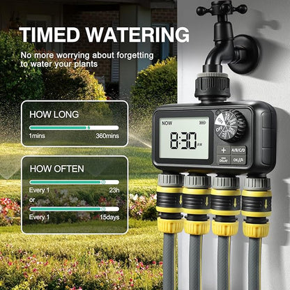 Sprinkler Timer,4 Outlets Programmable Water Timer for Garden Hose,Outdoor Hose Timers with Rain Delay/Manual/Automatic Watering System,Digital Irrigation Timers for Yard,Lawn