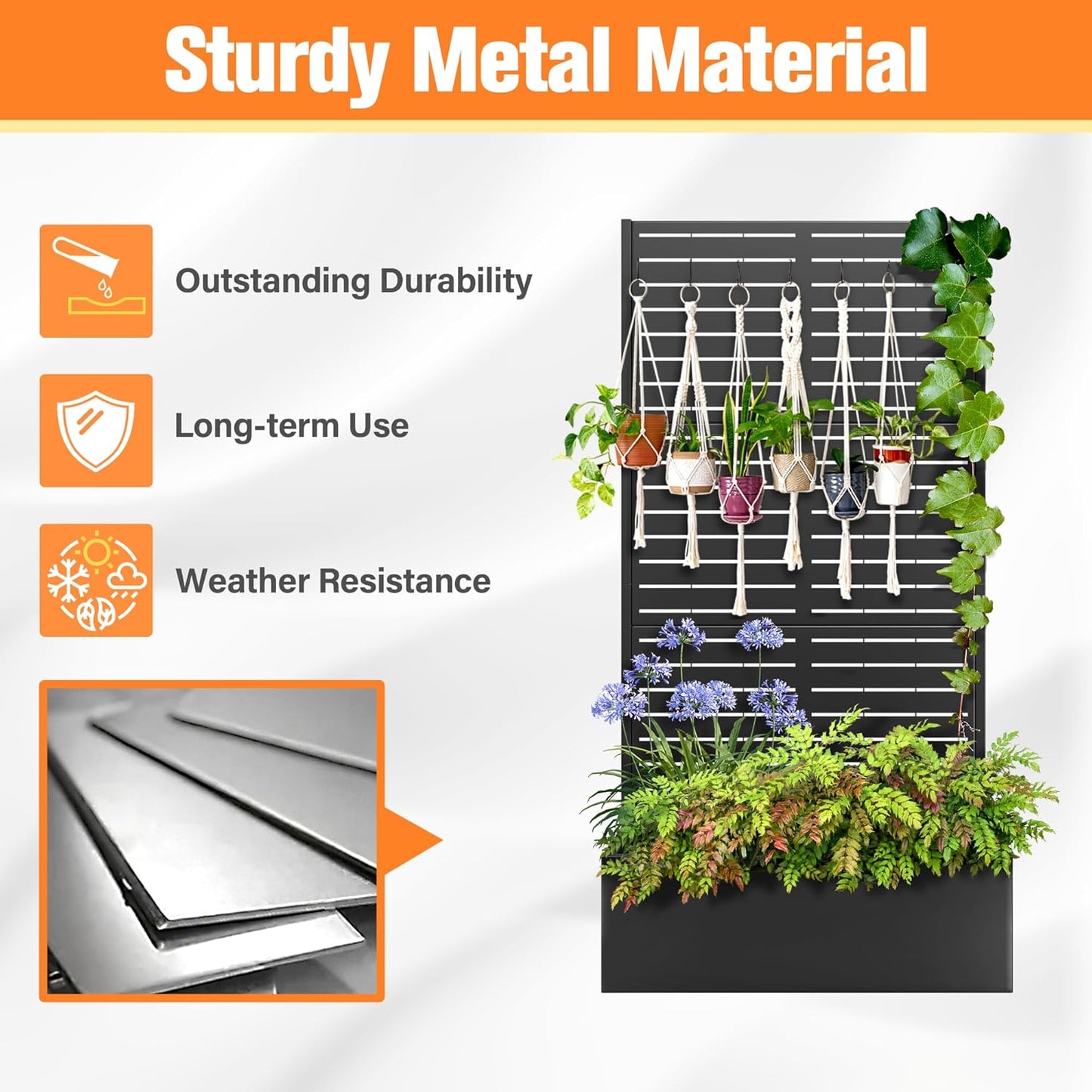 Metal Planter Box with Trellis, Raised Garder Bed with Drainage Hole, Privacy Screen & Trellis for Climbing Plants, Outdoor Plant Stands, 35''L×16''W×71''H, Black