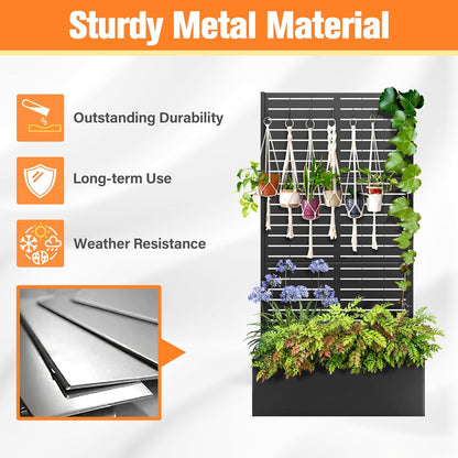 Metal Planter Box with Trellis, Raised Garder Bed with Drainage Hole, Privacy Screen & Trellis for Climbing Plants, Outdoor Plant Stands, 35''L×16''W×71''H, Black