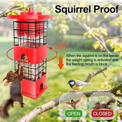 Squirrel Proof Bird Feeders for Outdoors Hanging, Metal Tube Bird Feeder w/4 Feeding Ports, Gravity Protection Wild Bird Feeders for Outside Backyard, Cardinal, Sparrow, Finch (3.5LB, Red)