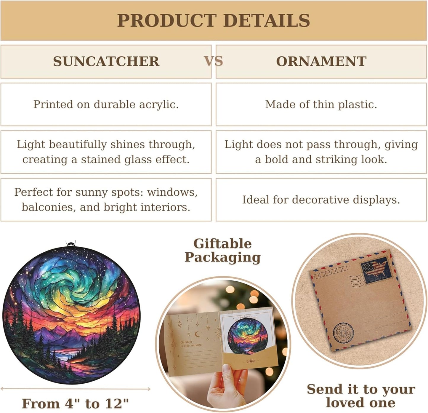 Northern Lights Aurora Acrylic Suncatcher Stained Glass Effect Window Car Hanging Christmas Ornament Indoor Outdoor Decor Garden Sun Catcher Panel for Nature Lover for Women Mom Grandma